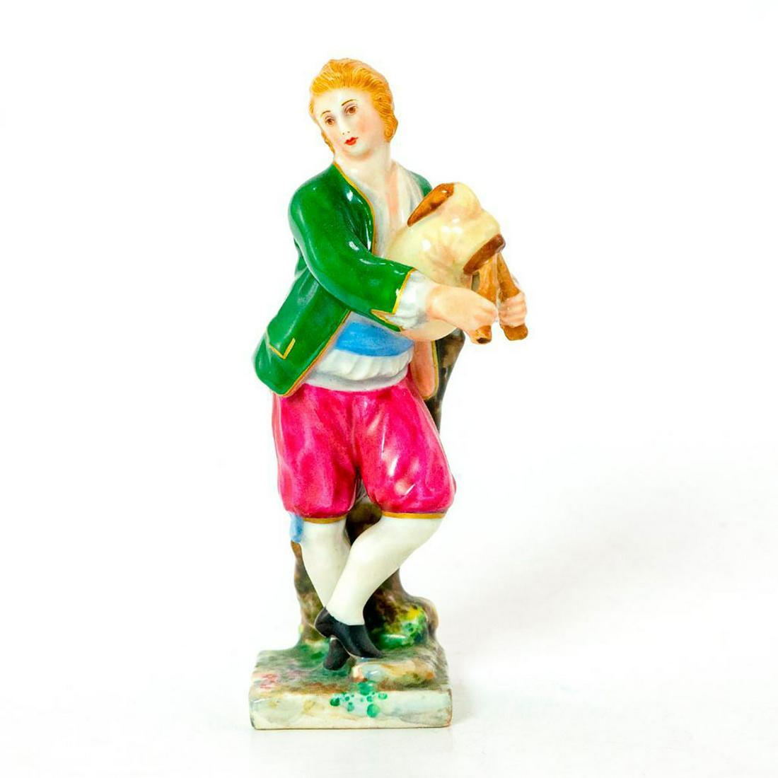 Capodimonte Porcelain Figurine: Man in green jacket and red pants holding a bagpipe. Capodimonte backstamp. Issued: 20th c. Dimensions: 4"H Manufacturer: Capodimonte Country of Origin: Italy
