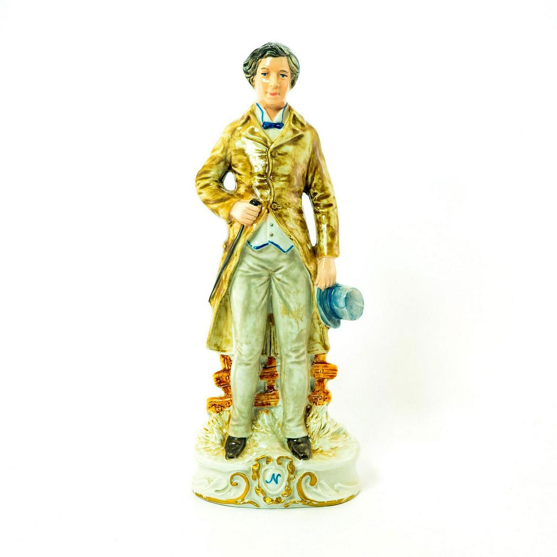 Capodimonte Style Figurine, Gentleman: Standing gentleman with hat in hand. Glazed porcelain; brown and cream coloration. Marked Capodimonte on underside. Issued: 20th c. Dimensions: 12.75"H