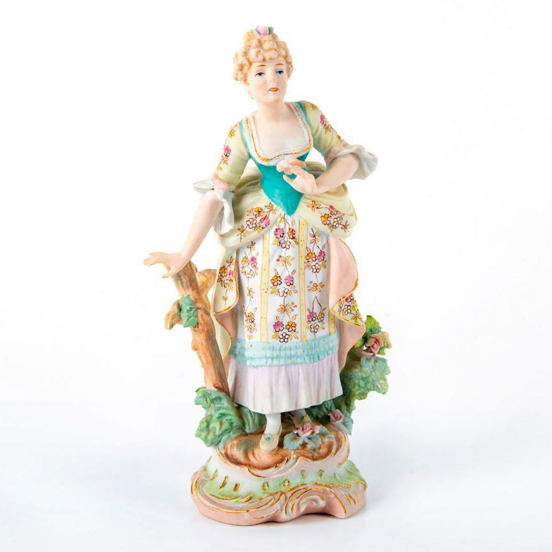 Arnart Creation Figurine, Shepherdess: Matte; hand painted; gilt accents. Pastel coloration; applied floral motifs. Stunning painted floral designs. Arnart crossed arrows backstamp. Chipped petals; flower glued. Issued: 20th c. Dimensions: