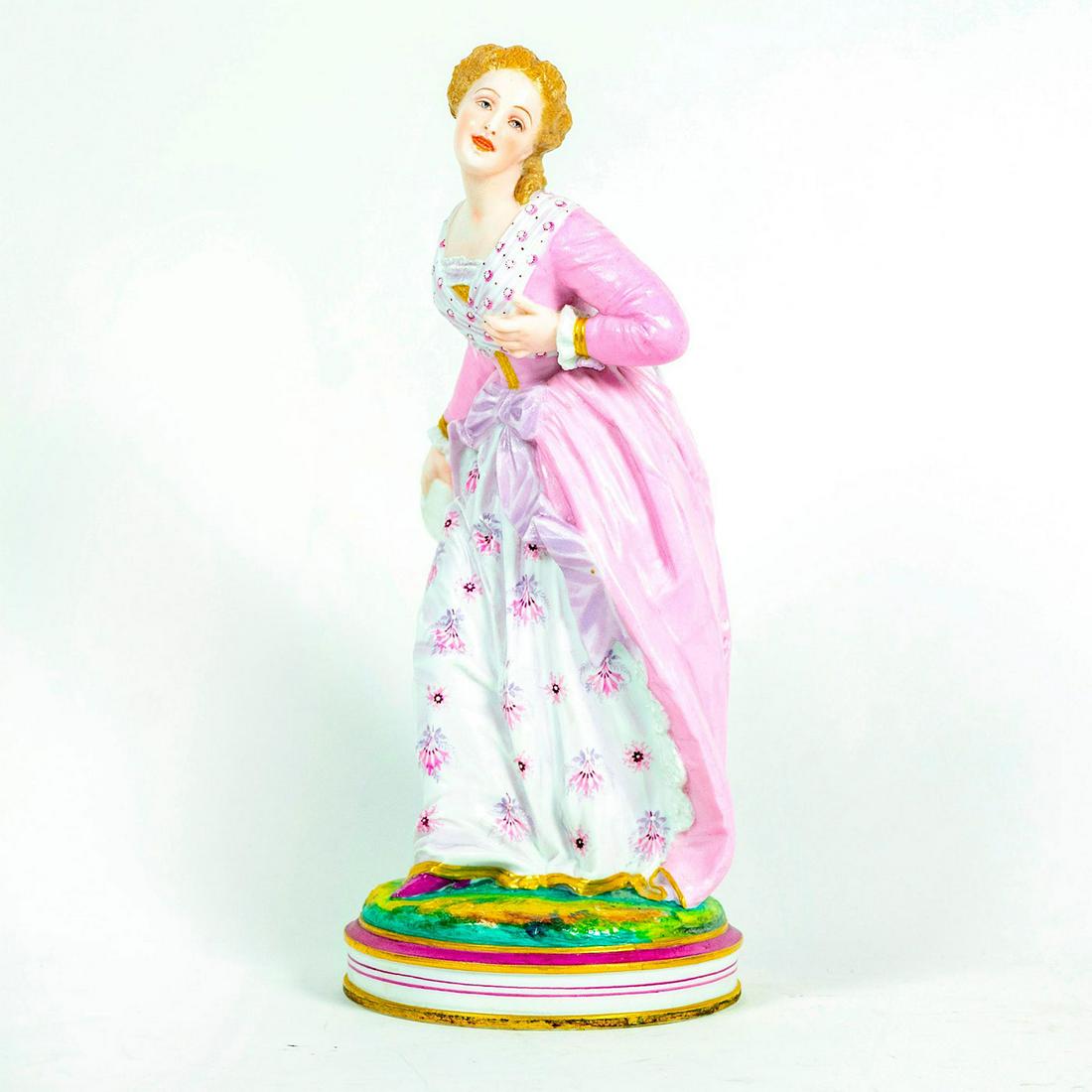 Vincenzo Bertolotti Large Lady Figurine: Woman dressed in pink and white dress in countryside. Hand painted Italian porcelain; gilt accents. VB mark on base. Age related wear. Artist: Vincenzo Bertolotti Issued: 20th c. Dimensions: 13.5"H Co