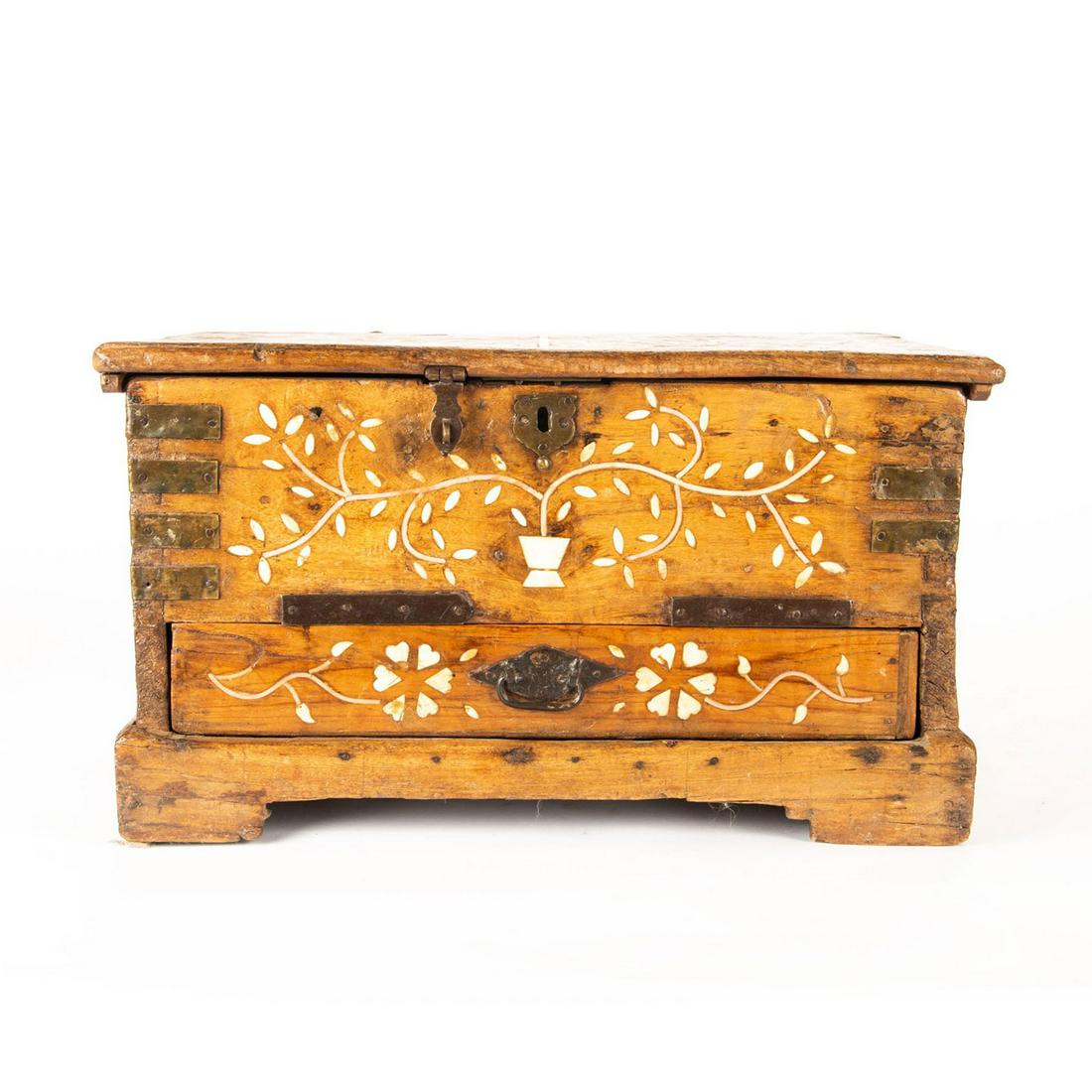 20th c. Indian Sheesham Wood Trunk with Inlaid Camel: Vintage wood trunk beautifully finished with camel bone inlay. Issued: 19th c. Dimensions: 13"D x 21"W x 12"H Country of Origin: India Provenance: Collection of John R. Lanzendorf