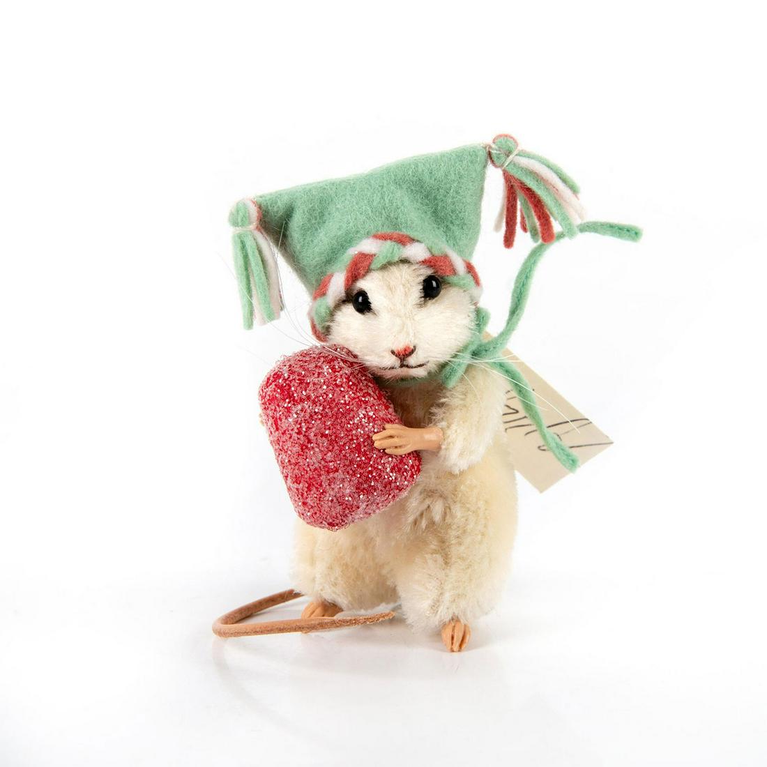 R John Wright Collectible Mouse Figure, Sugar: 2011 Christmas Mouse; Christmas Mice Collection. Limited edition 60 of 250. Made of mohair with jointed arms and neck, glass eyes; resin hands and feet; leather tail; felt hat and an all-felt gumdrop.