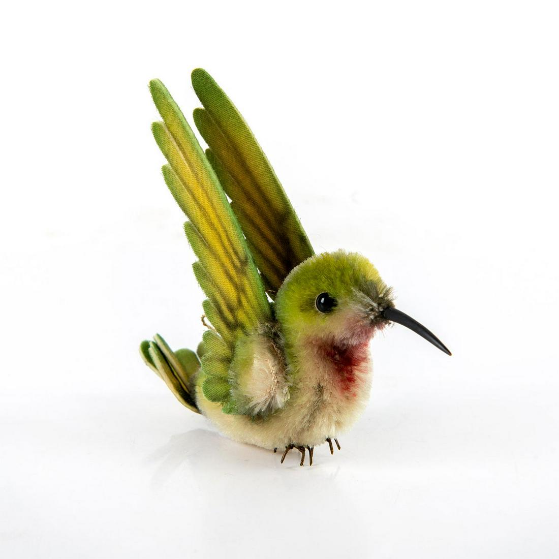 R. John Wright Dolls, Hummingbird Ornament, Ruby: Limited edition authentic native North American Archilochus Colubris / Ruby Throat delicate small hummingbird in green colors with red neck. Mohair plush, felt and organdy wings, glass eyes and bronze