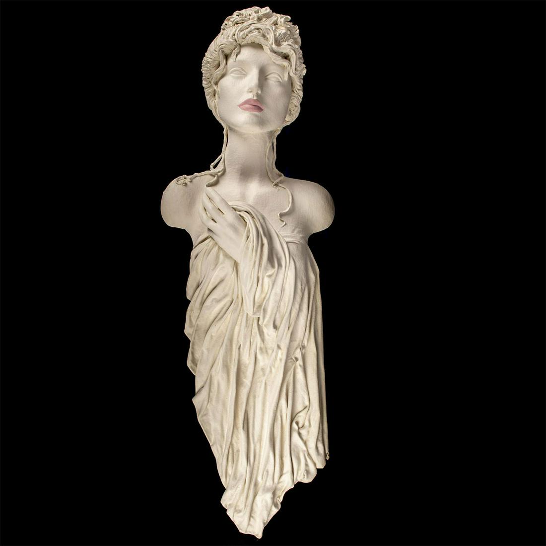 Handmade Fabric Sculpture Lisa: A papier-mache type fabric sculpture; Modeled as a woman's face. Artist tag on back with information. Artist: David & Ruth Jellema Issued: 20th c. Dimensions: 43"H Manufacturer: Fabric Faces Country o