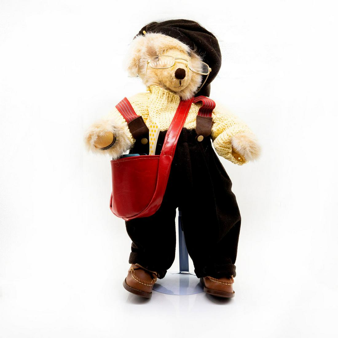 Barbara's Original, Limited Edition Phineous Teddy Bear: Handmade, limited edition number 2. Barabara's signature on the foot. Beige coloration bear is carrying a red shoulder bag with a portable cassette player, a hair comb and a west Germany keychain. Met