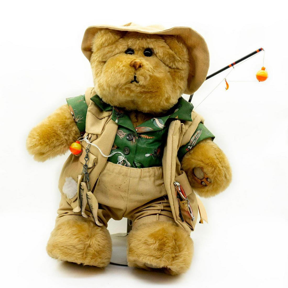 Bears n Woods Teddy Bear, Farley Fishbeary: Jointed legs, mohair, wooden nose and paws. Wearing fishing outfit equipped with lures and a rod. Original tag attached and display stand included. #fisherman #fishing #teddybear Artist: Becky Mannon 
