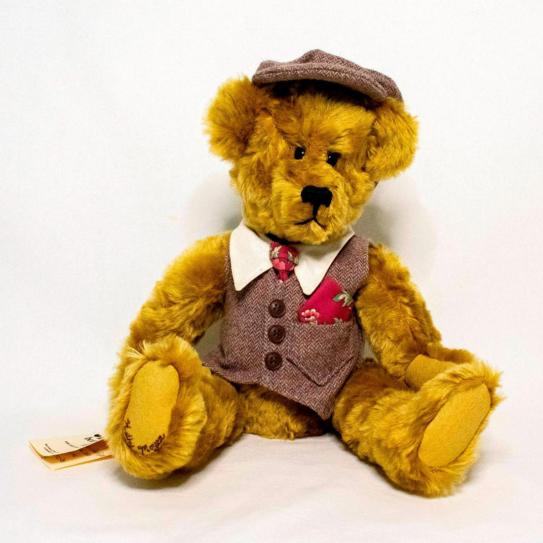 Kathy's Bears by Kathy Moyer, Clark: Clark wears a tweed vest and hat, with a white collar, and matching floral tie and pocket square. One-of-a-kind design by Kathy Moyer. Distressed mohair. German glass eyes. Wool paw pads. Fully jointe