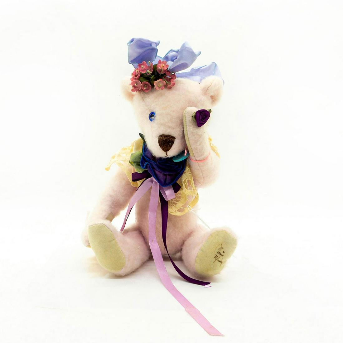 Pittsburgh Originals Teddy Bear, Shy Violet: Fully jointed, plush, glass eyes, sewn nose. Wearing a laced collar with a purple sewn rose on it. Original tag attached. Issued: 20th c. Dimensions: 12"H Manufacturer: Pittsburgh Originals Country of