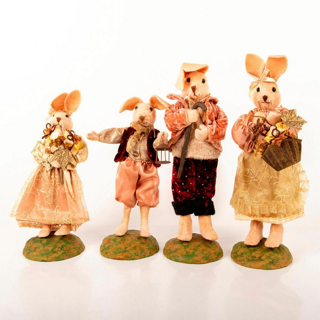 Set Of Four Plush Rabbit Figurines: Old-fashioned clothing, decorated with lace and ribbons. Stand on circular stone bases. Good condtition. #plush #rabbit #collectable #vintage Issued: 20th c. Dimensions: 12.5"H Country of Origin: Chin