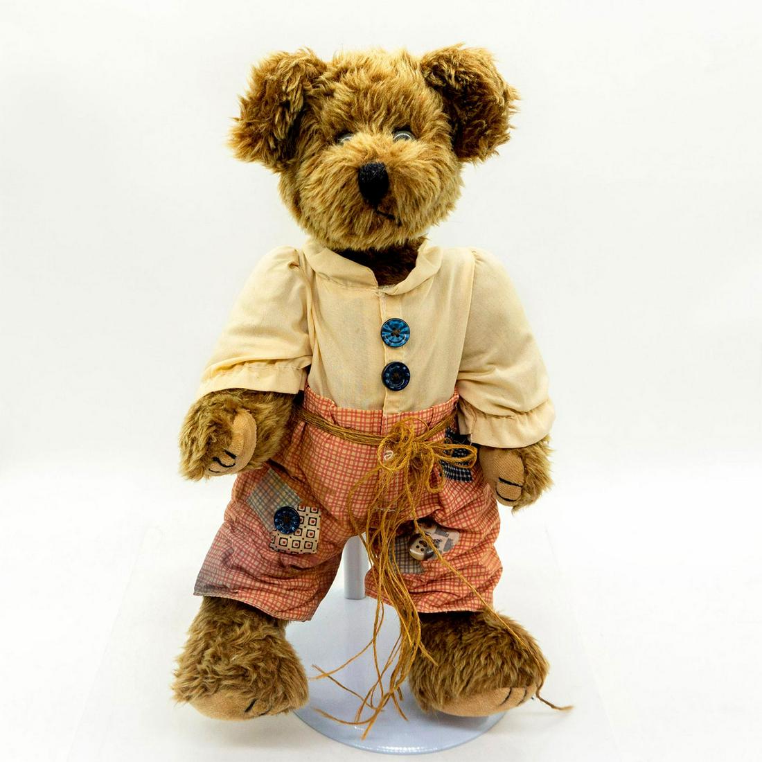 Vintage Collectable Teddy Bear, Farmer: Light brown mohair, fully jointed, stitched nose. Rugged plaid pants decorated with buttons and twine. Age related wear. Minor staining on clothes. #teddybear #plush #stuffedanimal #farm Issued: 20th 