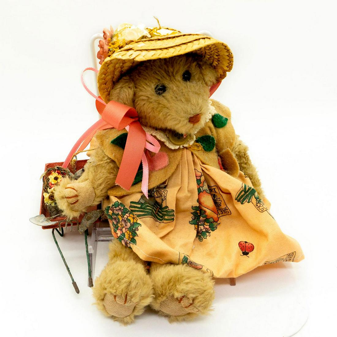 Vintage Collectable Teddy Bear, Gardener: Tan mohair, fully jointed. Straw hat decorated with flowers. Carries red wagon containing gardening supplies. Age related wear. #teddybear #plush #garden #gardener #gardening #wagon Issued: 20th c. Di