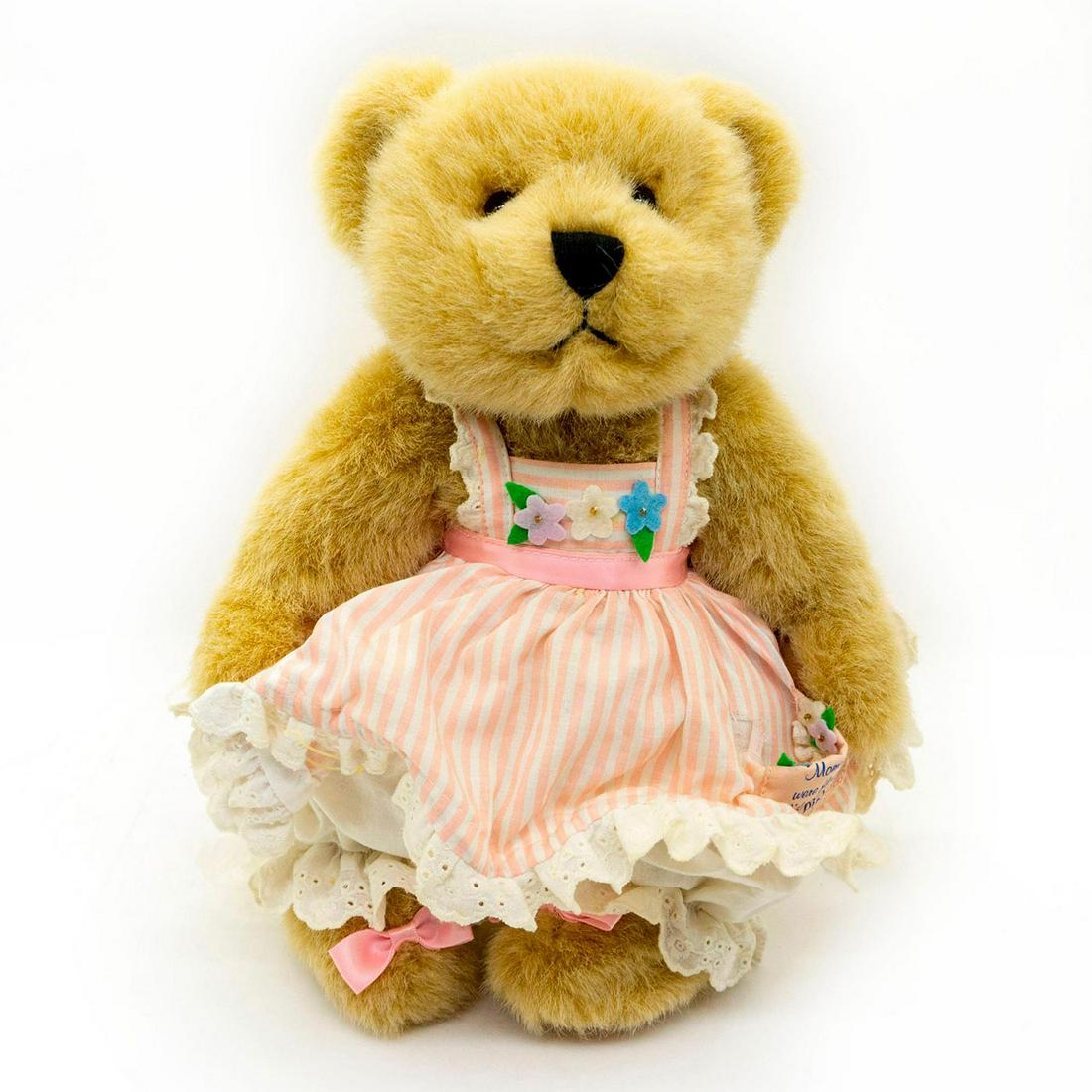 Vintage Teddy Bear, Danbury Mint Baby Bear: Collectible bear wearing dress inscribed 'If Mommies were Flowers I'd Pick You'. Original tag on back. Attached to stand. #teddybear #vintage #babybear #mommy Issued: 20th c. Dimensions: 13"H Manufact