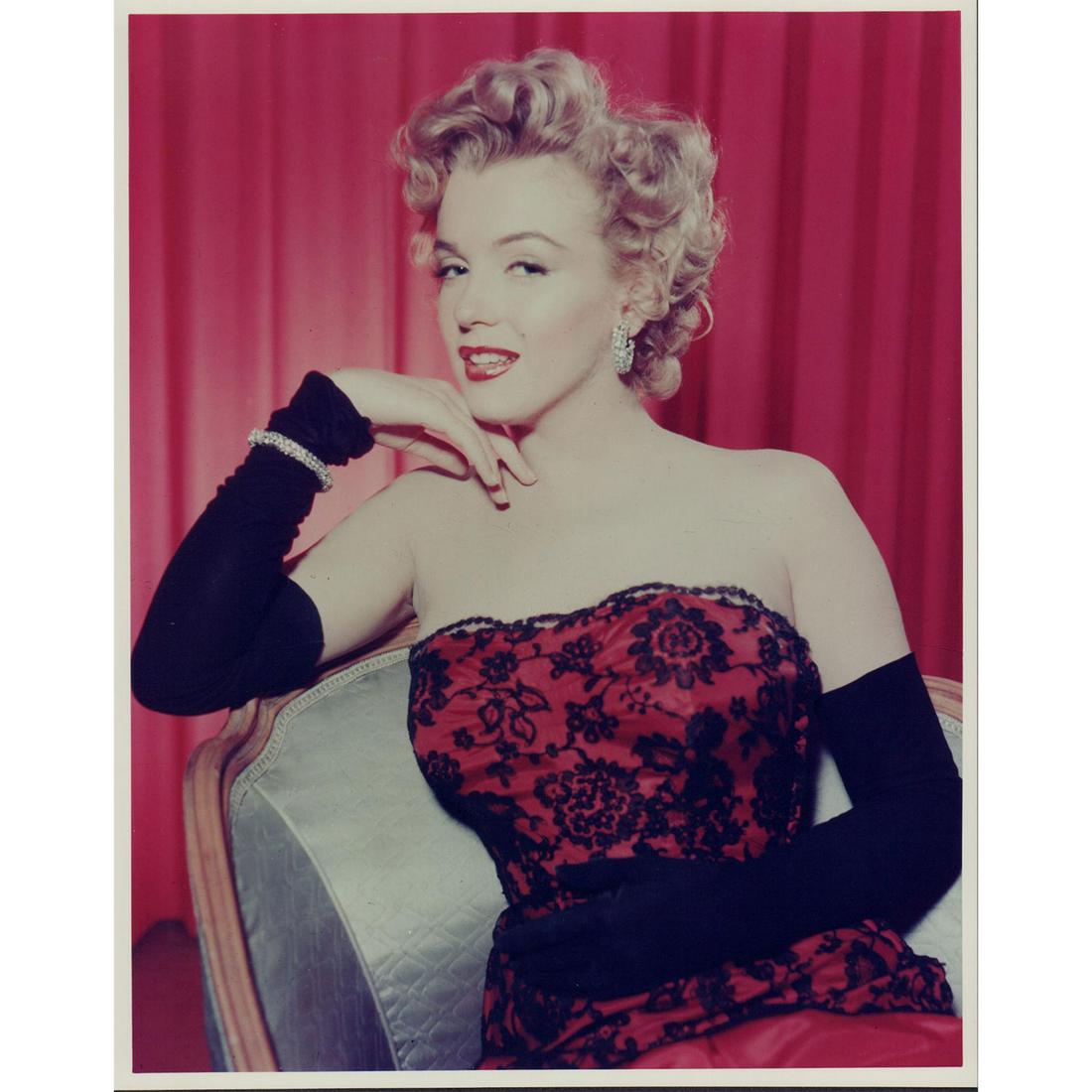Marilyn Monroe Photograph: Portrait photo of Marilyn Monroe wearing a red and black lace gown and gloves, at the Photoplay Awards in 1952. Printed on AGFA Professional paper. #marilynmonroe #photoplayawards Issued: 1952 Dimensi