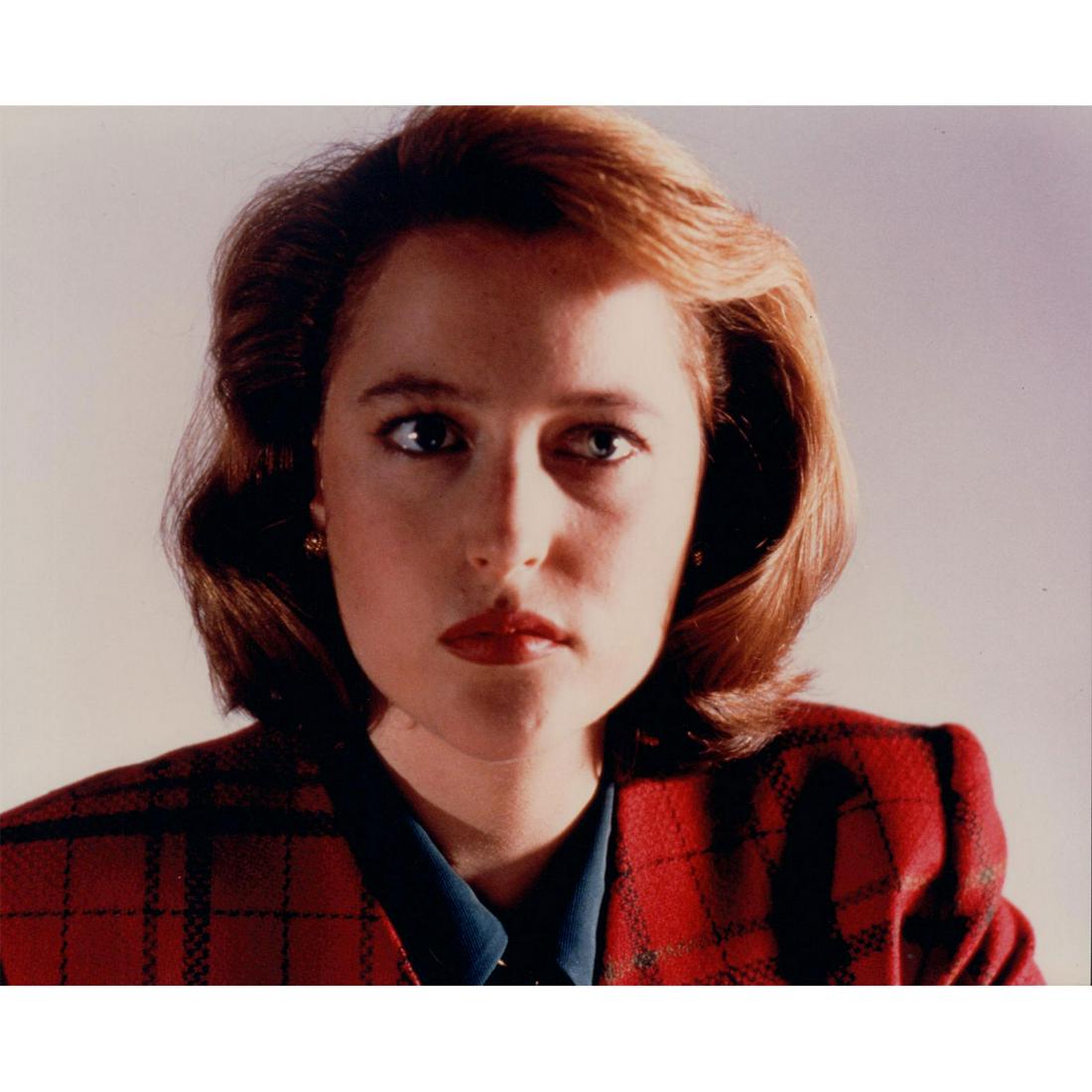 Gillian Anderson Photograph: Portrait photo still of actress Gillian Anderson wearing a red plaid blazer. Printed on Kodak Professional paper. #gilliananderson #danaskully #xfiles Issued: c. 1993 Dimensions: 10"W x 8"H