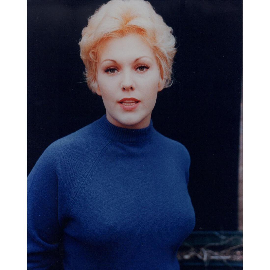 Kim Novak Photograph: Color portrait of American actress Kim Novak wearing a blue sweater. Printed on AGFA paper. #kimnovak #vintagephotograph #oldhollywood Issued: c. 1955 Dimensions: 8"W x 10"H Country of Origin: USA