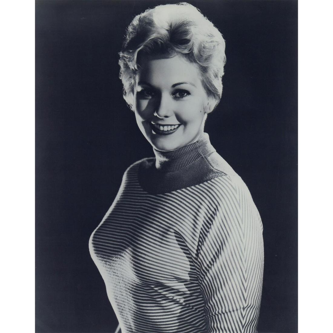 Kim Novak Photograph: Black and white portrait photo of actress Kim Novak wearing a striped sweater. Printed on Fujicolor Crystal Archive paper. #kimnovak #1950s #oldhollywood Issued: c. 1955 Dimensions: 8"W x 10"H Country