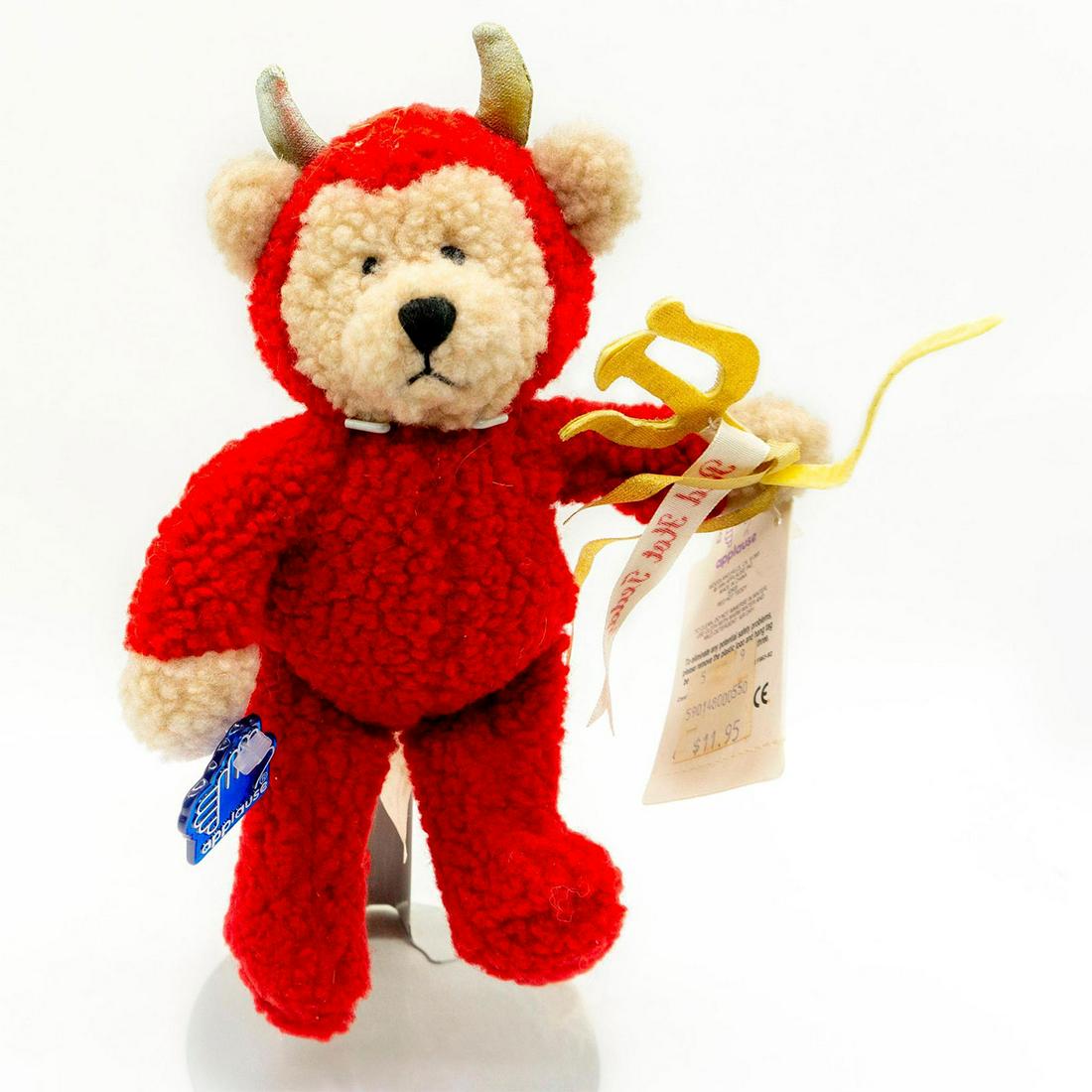 Applause Vintage Plush Bear, Red Hot Teddy 52605: Striking blend of red and tan plush fur. Devil horns and heart-shaped tail. Carries felt pitchfork. Original tag attached. Excellent condition. #teddybear #plush #stuffedanimal #vintage Manufacturer: