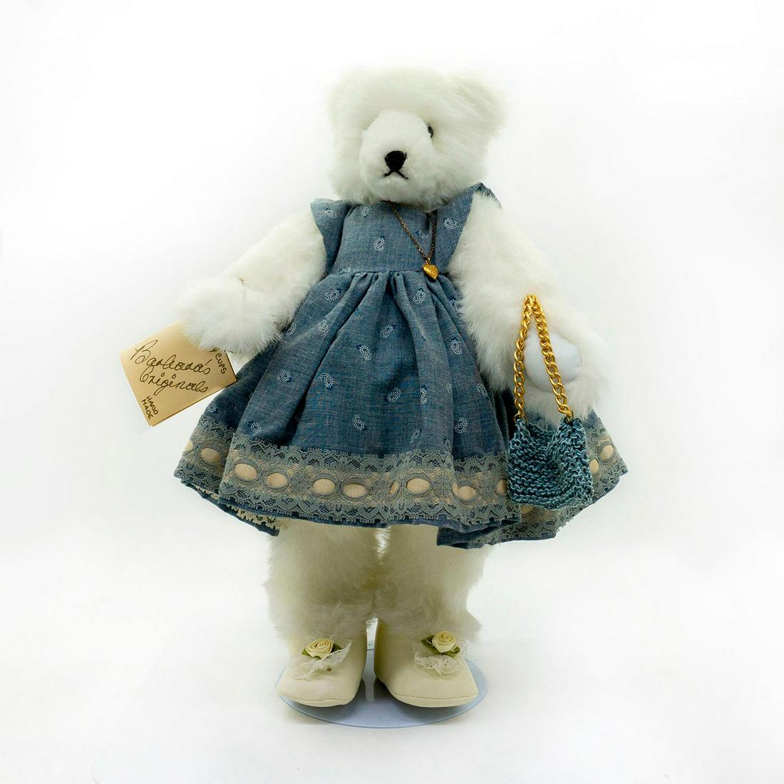 Barbara's Originals Collectable Teddy Bear, Ashley: Polyester stuffing. Wears a dashing blue dress with lace trim. Carries a blue purse with bronze chain. Honey Cups collection. Manufacturer tag attached. Fully jointed. Comes with stand. #teddybear #ch