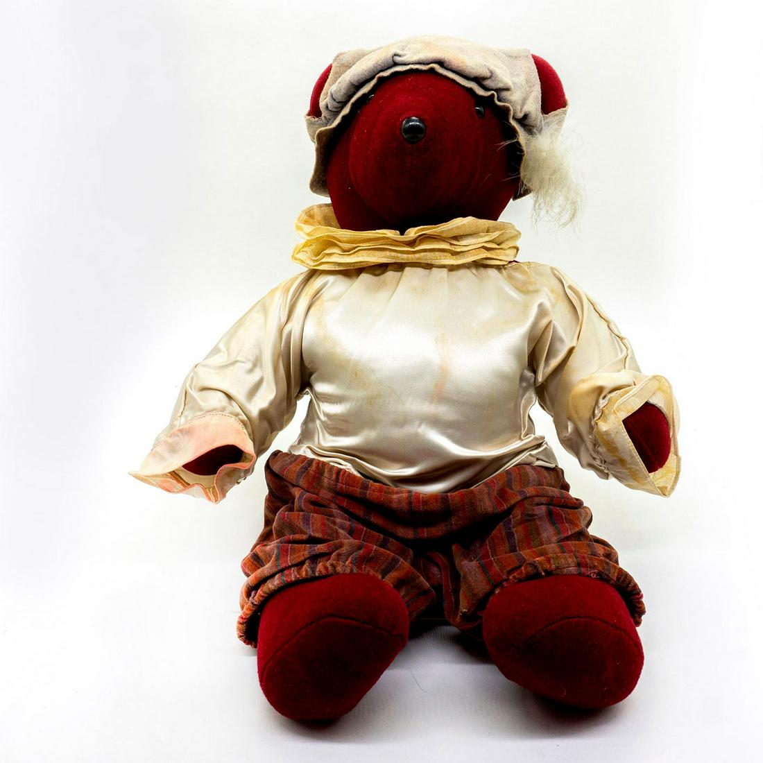 North American Bear Company Teddy Bear, William: Plush, wearing an older looking theater outfit with a feathered hat. Original tag attached. Issued: 20th c. Dimensions: 17"H Manufacturer: North American Bear Company Country of Origin: United States