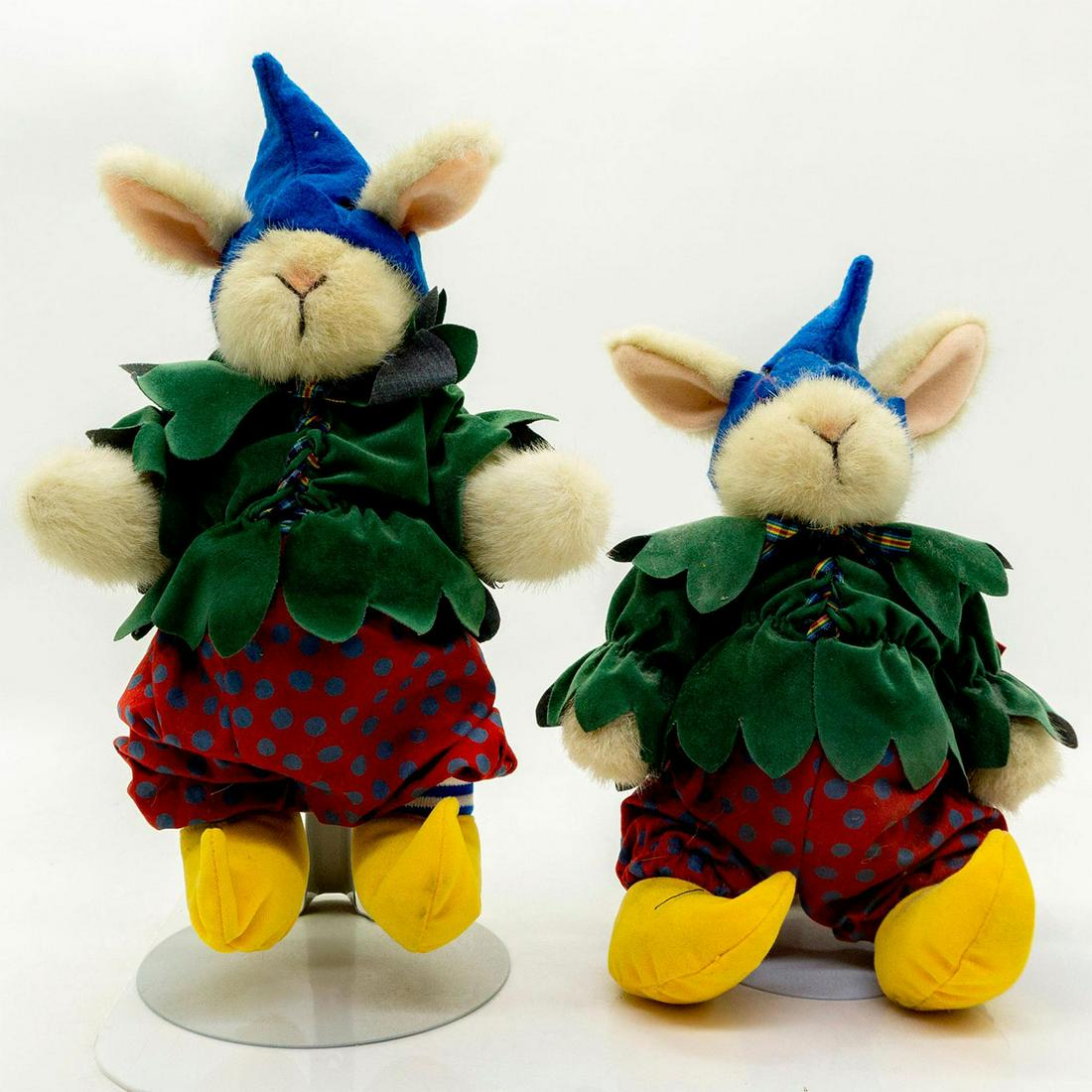 2 North American Plush Rabbits, Christmas Elf: White mohair, jointed limbs. Green floral top, polka dot pants, and blue cap. Hoppy VanderHare collection. Original tags attached. One comes with stand. Age related wear. #plush #rabbit #bunny #collec