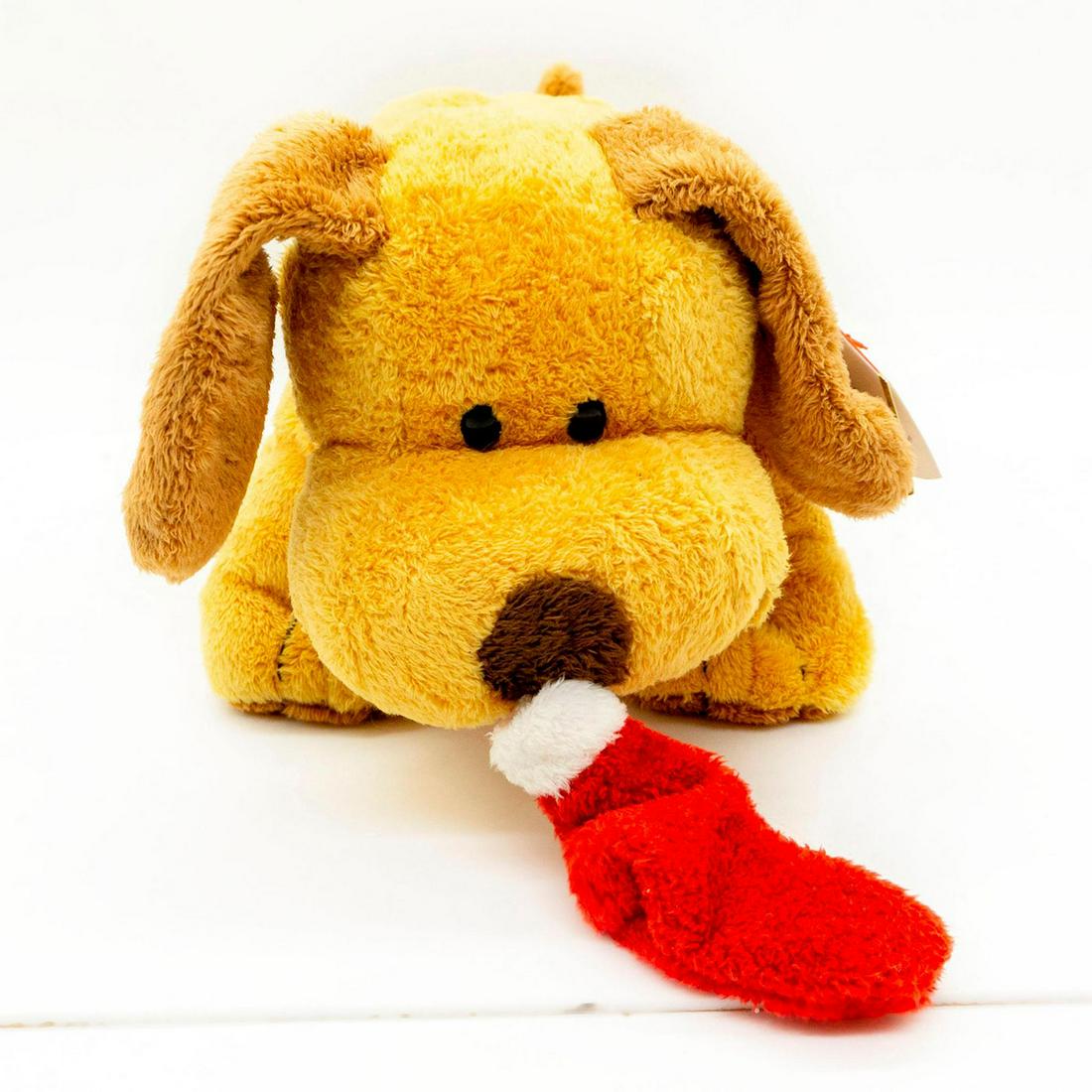Ty Handcrafted Plush Animal, Christmas Dog: Yellow body with brown tail, ears, and paw pads. Carries Christmas stocking in mouth. The Pluffies collection. Original tags attached. #stuffedanimal #plush #dog #christmas Issued: 2004 Dimensions: 8"