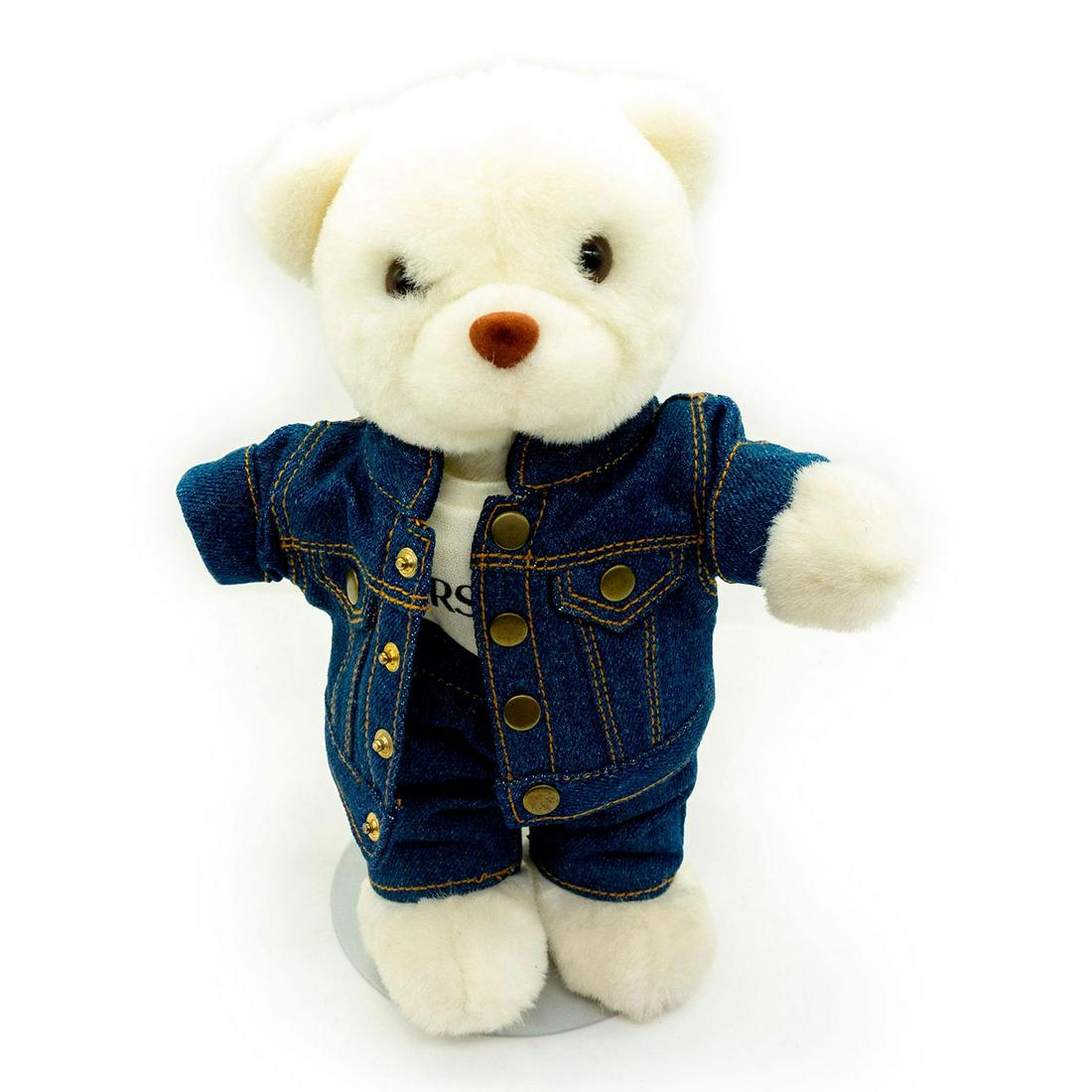 Versace Macy's Promotion Teddy Bear: White teddy bear wearing a jeans jacket and pants with white t-shirt underneath saying Versace on the front. Hard felt nose and brown eyes. #versace #macysteddy Issued: 20th c. Dimensions: 10"H Countr
