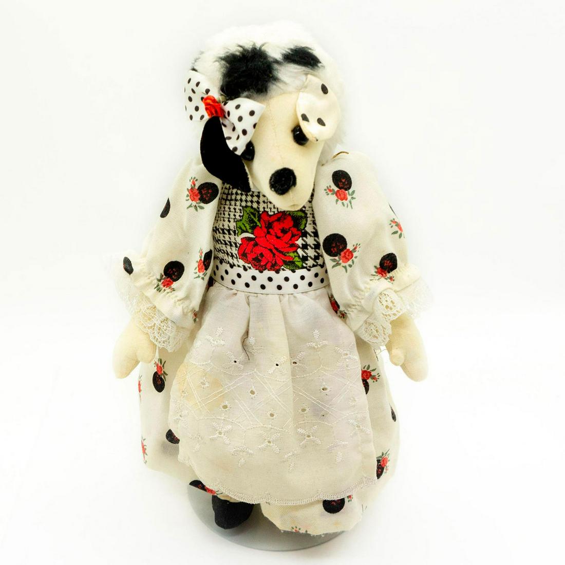 Vintage Collectable Plush Stuffed Animal, Dalmatian: Striking blend of white and black felt. Elegant white dress with lace trim and stitching. Fully jointed. Minor staining throughout. #plush #stuffedanimal #dog #dalmatian Issued: 20th c. Dimensions: 11