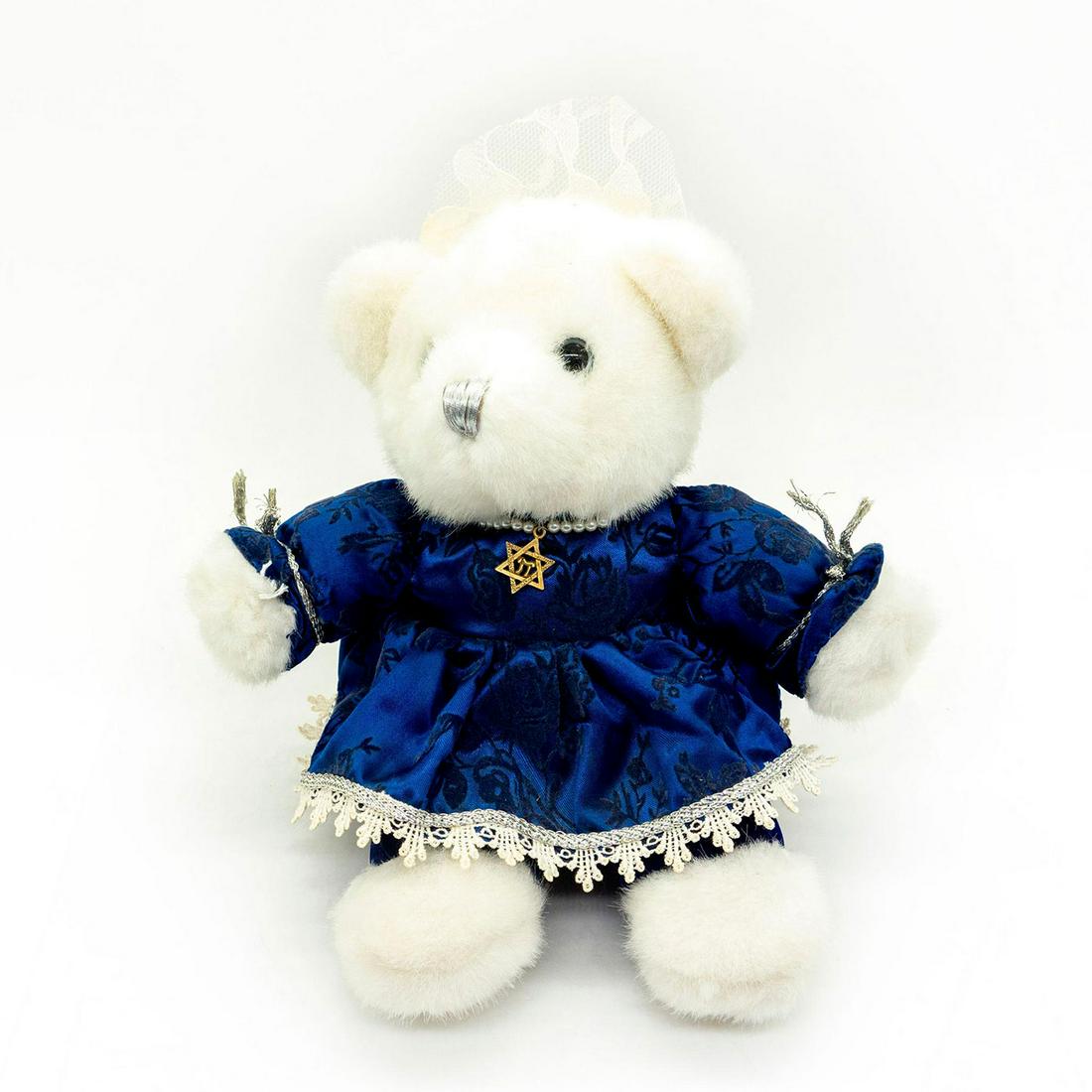 Vintage White Teddy Bear: White plush, silver threaded nose. Wears a blue floral patterned dress, lace hat, and Star of David necklace. Blue velvet bottom. No original tags attached. #whiteplush #teddybear Issued: 20th c. Dime