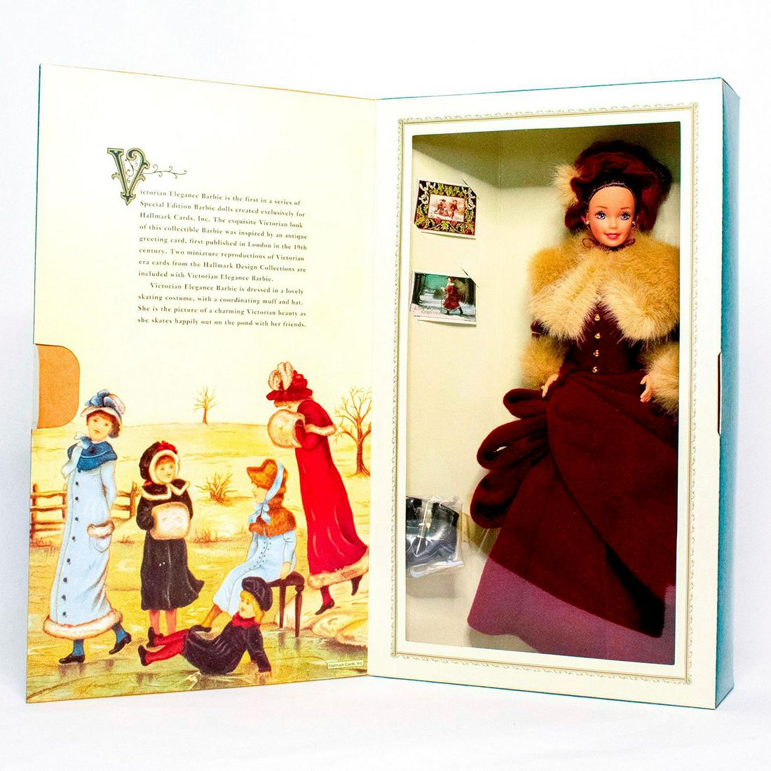 Mattel Barbie Doll, Victorian Elegance: Barbie is an elegant beauty in this lavish maroon and brown faux fur skating costume. Her long skirt and matching bonnet create a warm vision for cold winter days. Victorian Elegance Barbie was origin