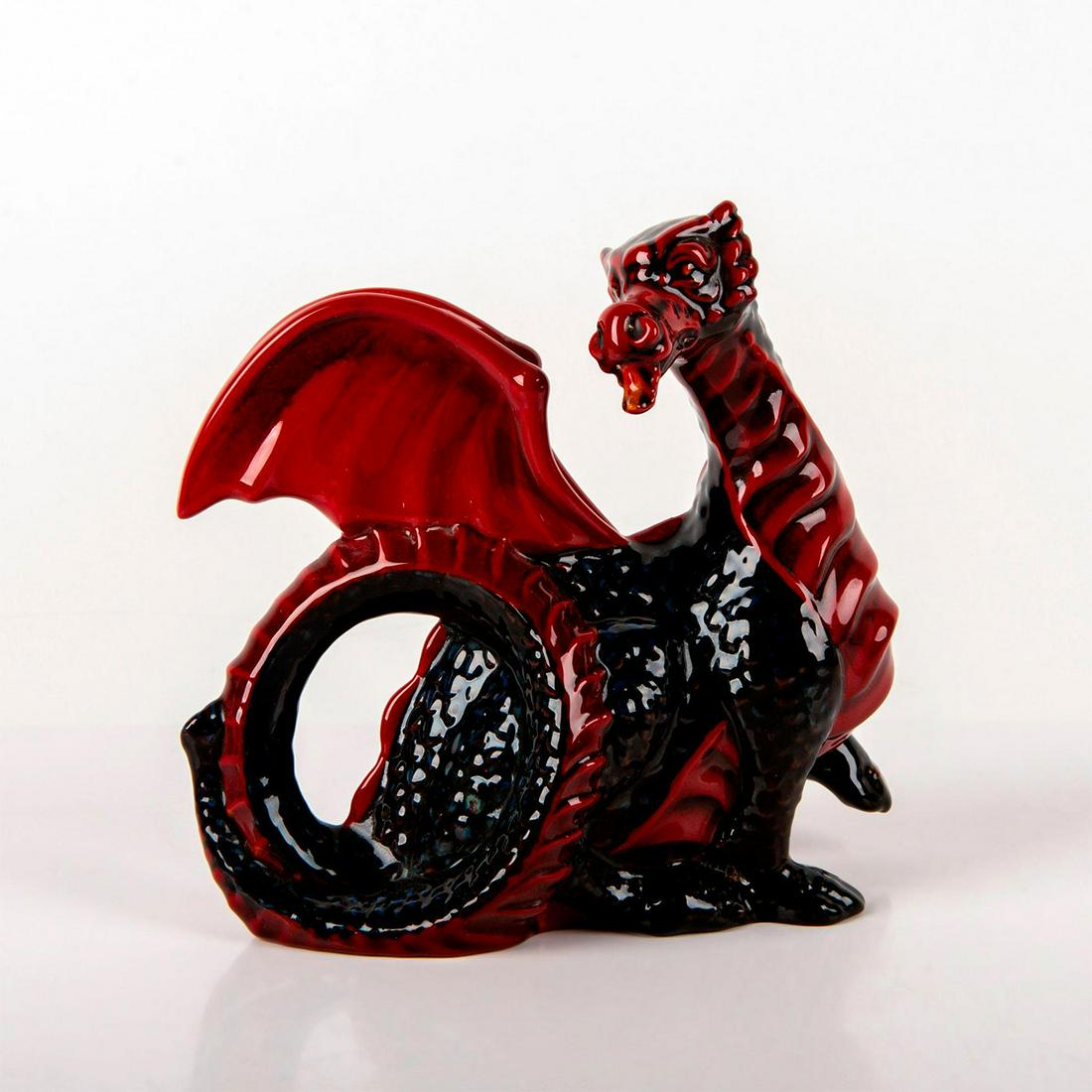 Dragon HN3552 - Royal Doulton Flambe Figure: Red flambe glaze accented with blue and orange coloration. Designed exclusively for Collector's Club. Royal Doulton backstamp. #motherdragon #mystical #royaldoulton Artist: Robert Tabbenor Issued: 199