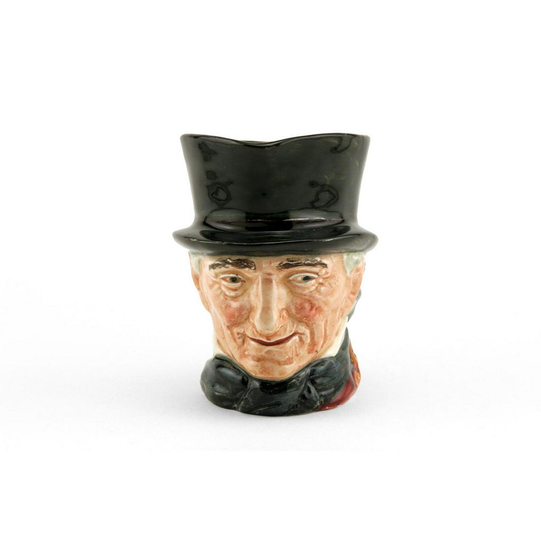 John Peel Orange D5731 - Small - Royal Doulton: Royal Doulton Character Jug, John Peel - Orange and Black Handle D5731 (dark grey hat; maroon coat; dark blue bow tie; black and orange riding crop). Designed by Harry Fenton, issued c.1937 - unknown.