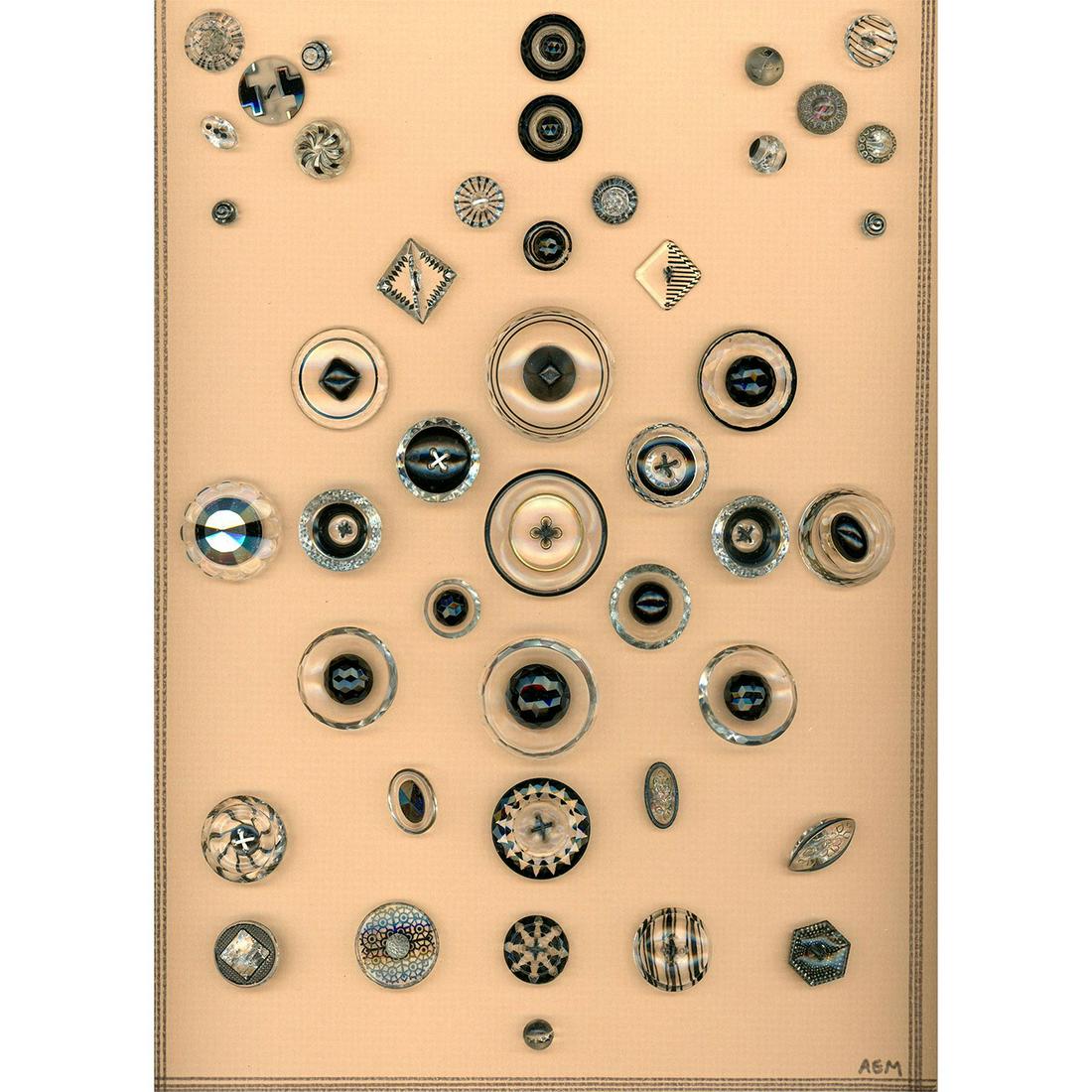 A CARD OF DIVISION THREE CLEAR GLASS WITH BLACK DESIGNS (1 of 3)