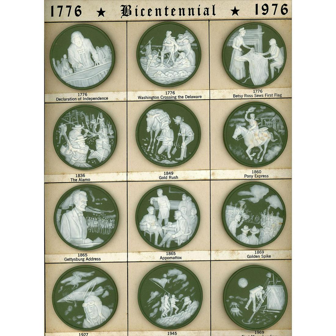 A CARD OF DIV 3 JAPSERWARE BICENTENIAL BUTTONS: 12 Ex.Large 20th C. green Jasperware buttons by Rzanski/Shaw. This card of Jasperware buttons were produced by the sister of Rzanski and Shaw and were designed to celebrate the Bicentennial. Issued: D