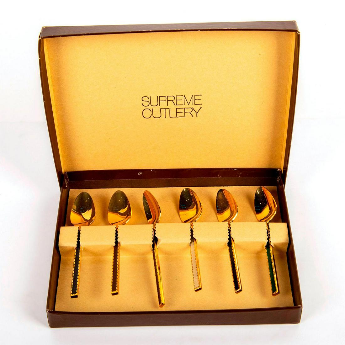 Supreme Cutlery Gold Plated Set Of 6 Teaspoons: Set of 6 different colored gold plated spoons with edgy rim design. Comes with original box.