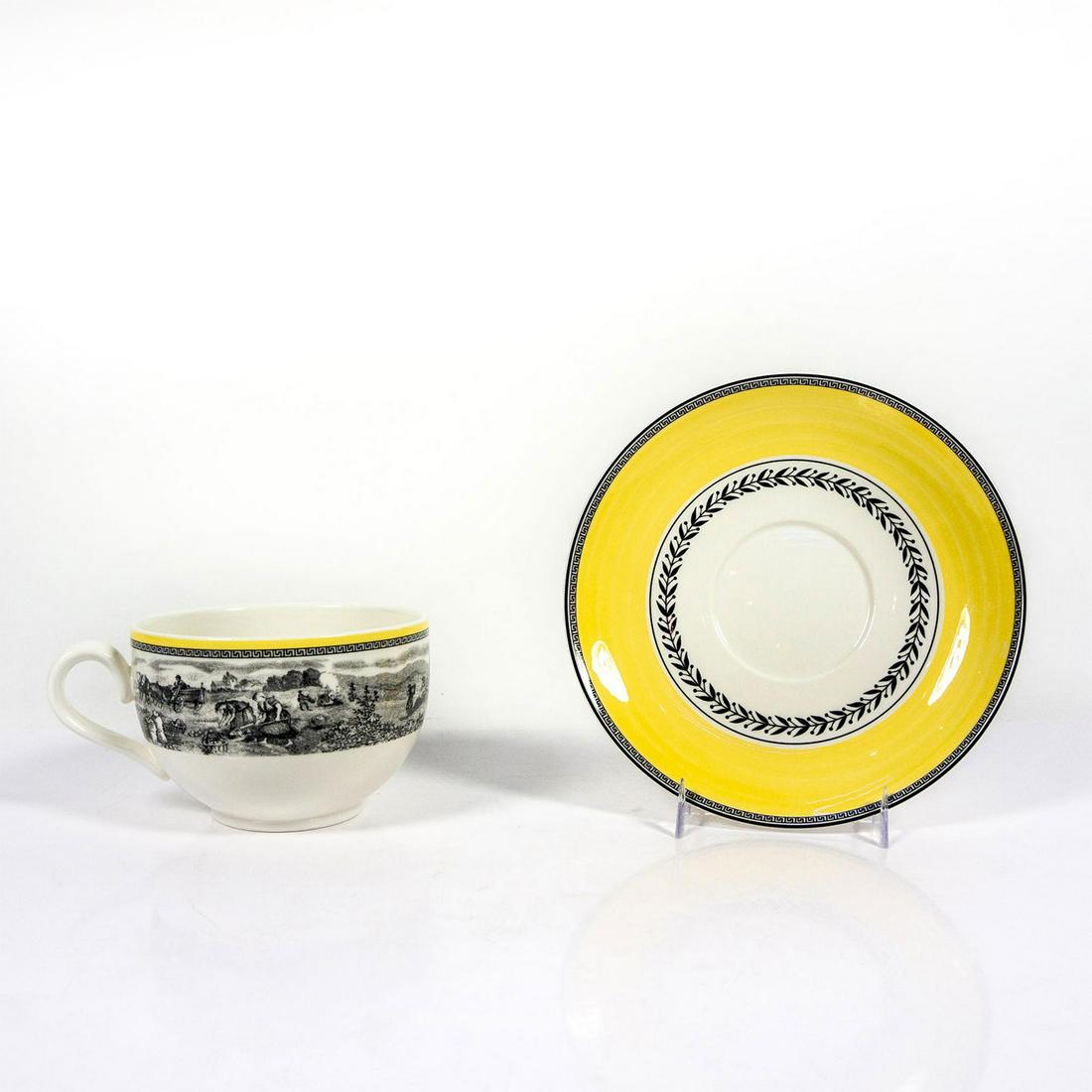 Villeroy And Boch Jumbo Cup And Saucer: Audun Ferme series. Detailed black and white pastoral scene on mug; elegant floral patterns in yellow and grey on saucer. Fine vilbo china. Jumbo cup (4"H) is discontinued. Saucer (7.75"D). Dishwasher
