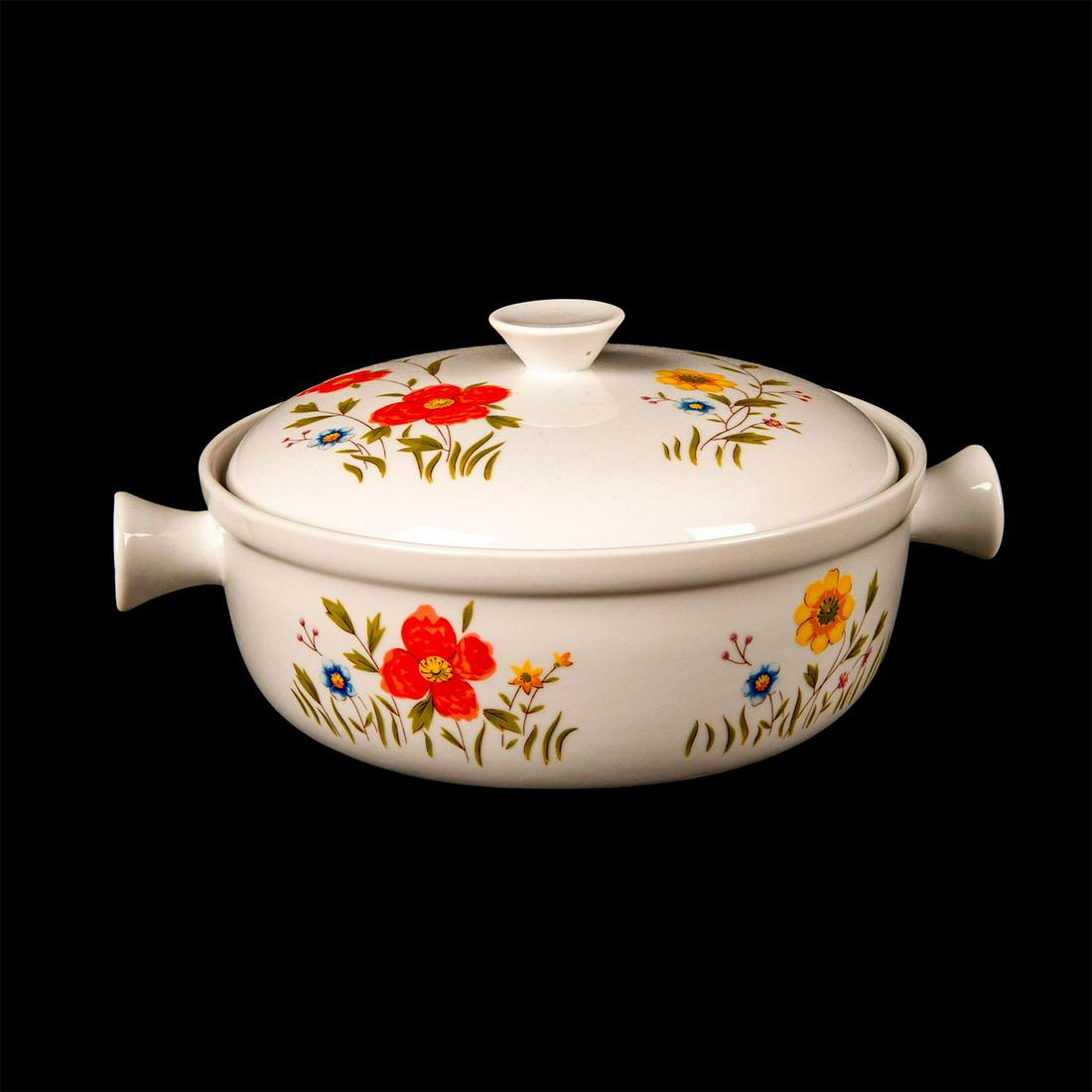 Andrea By Sadek Country Flowers Round Oven Dish: Floral round casserole oven dish with yellow, red, blue flowers and green leaves. Stem handles on either side and covering lid. Andrea backstamp. 9227 stamped on the bottom. 7.5 inch diameter inside m