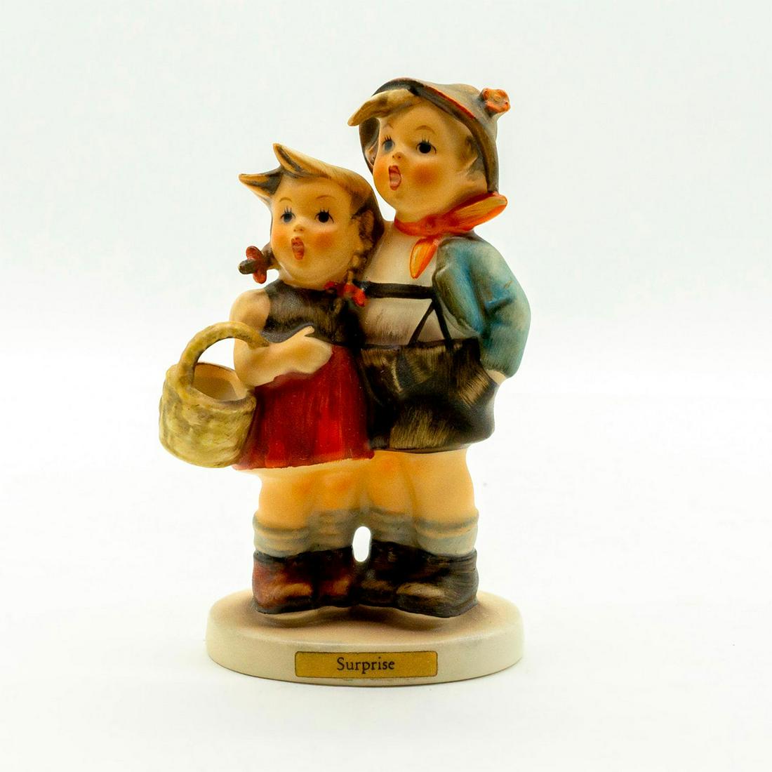 Surprise 94 - Goebel Hummel Figure: Variation 3. Matte porcelain, hand painted. Boy and girl displaying shared look of awe. 'M. I. Hummel' inscribed on base. Goebel backstamp. Good condition. #goebel #hummel #figurine #vintage Issued: c