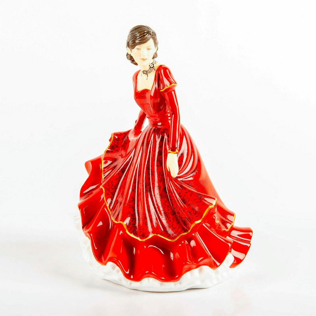 Joy to the World HN5640 - From the Songs of Christmas: Bone China. She is dressed for the festive season in a striking red evening dress, layered bodice, and full skirt with a black floral pattern. Artist: Neil Faulkner Issued: 2013 Dimensions: 6.75"H Man