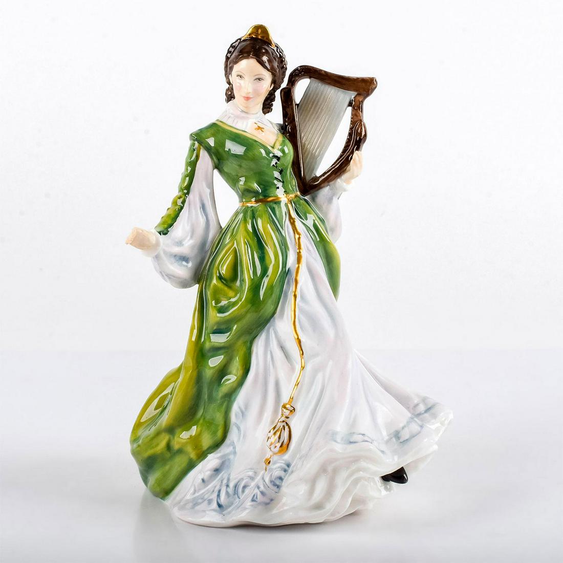 Ireland HN3628 - Royal Doulton Figurine: Ladies of the British Isles series. Green and white dress; holding a harp. Royal Doulton backstamp. Artist: Valerie Annand Issued: 1996 - 1998 Dimensions: 7.75"H Manufacturer: Royal Doulton Country of