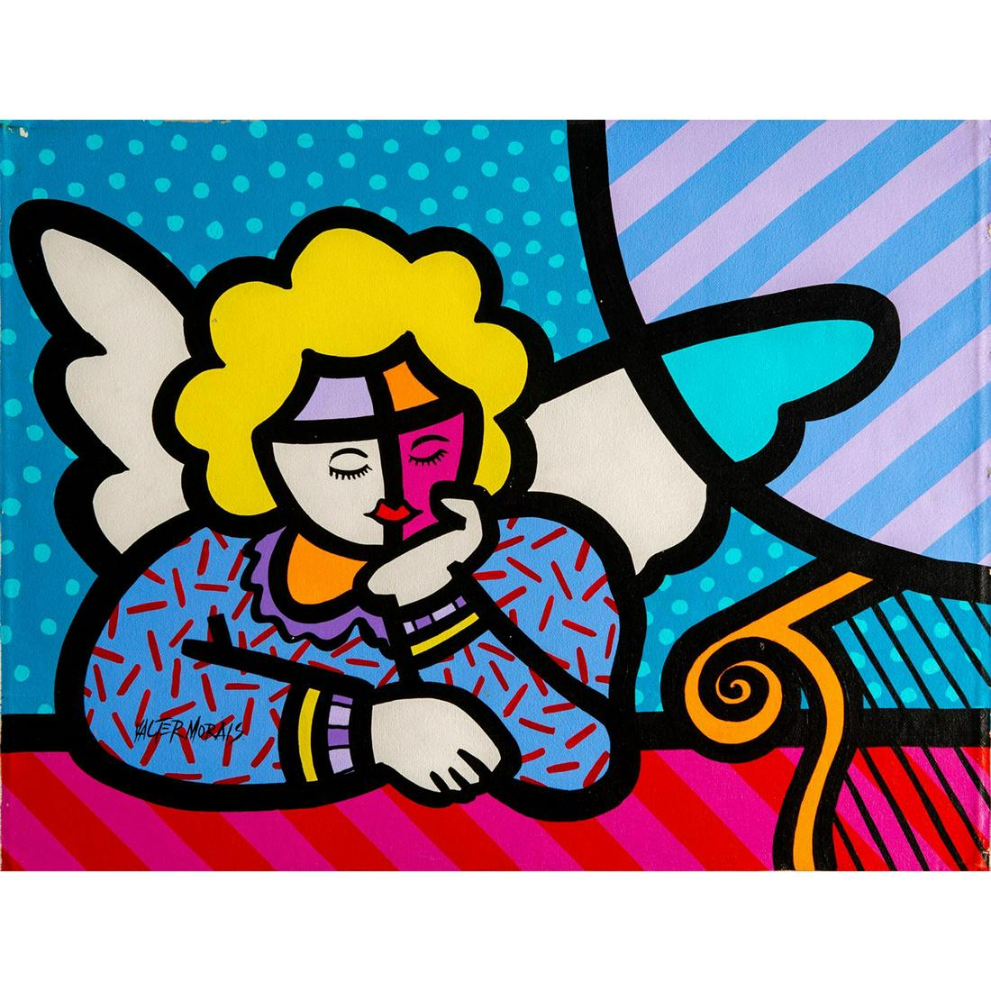 Valter Morais (Brazilian b. 1948) Acrylic on Canvas,: Pop art featuring an angel. Striking colors of blue, purple, orange and yellow. Signed lower left. Unstretched canvas. #art #painting #acrylicpainting Material/Technique: Painted Medium: Acrylic on Ca