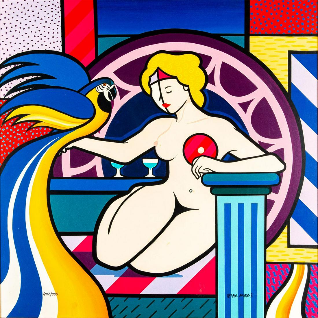 Valter Morais (Brazilian b. 1948) Giclee on Canvas,: Features a resting woman and a parrot in vibrant colors. Edition 492 of 750. Signed lower right. Housed in matte black wooden frame. Sight size - 30.5"H x 30.5"W. Frame size - 38"H x 38"W. Material/Te