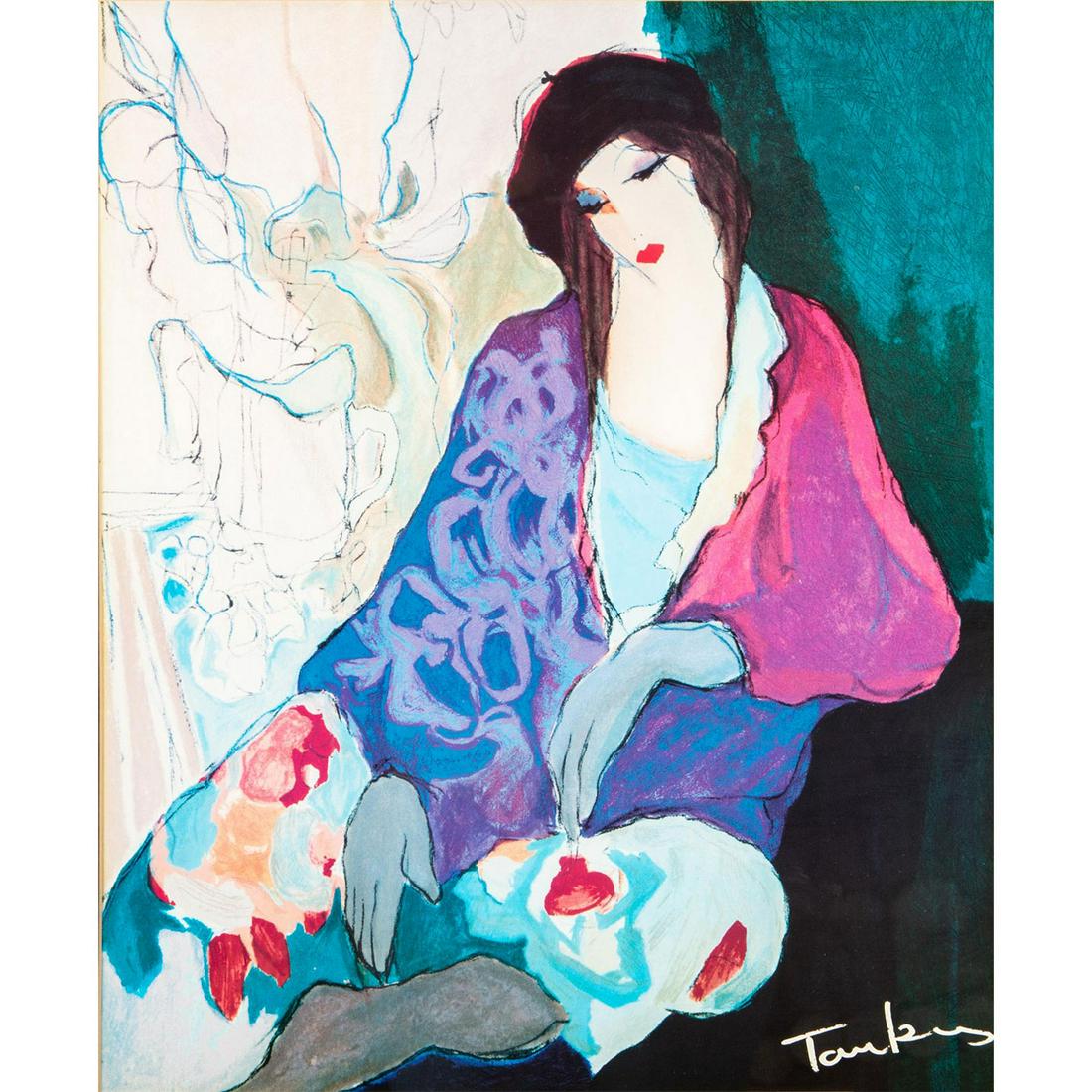 Itzchak Tarkay (Israeli 1935-2012) Lithograph, Burette: Color lithograph on the Plate. Stunning composition exquisitely designed with cool colors of greens, blues and purples evoking a sense of peace. Signed lower right. Housed in a black frame. Sight size