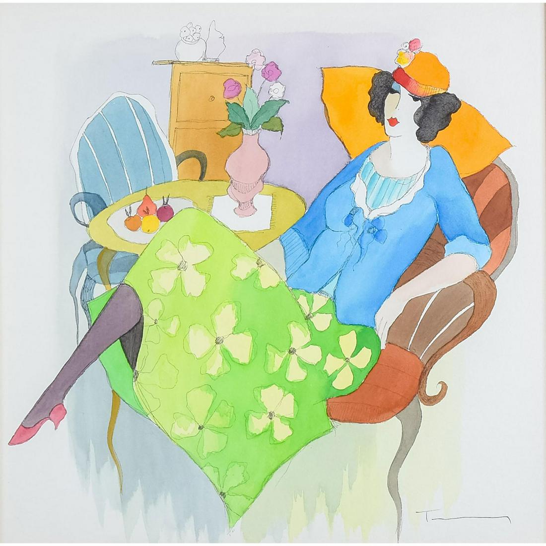 Itzchak Tarkay (1935-2012) Mixed Media on Paper, High: Gold ornate frame. Signed lower right corner with pigment. Image of a woman seated next to a table. Itzchak Tarkay (1935 - 2012) Israeli artist, considered to be a key figure in the modern figurative 
