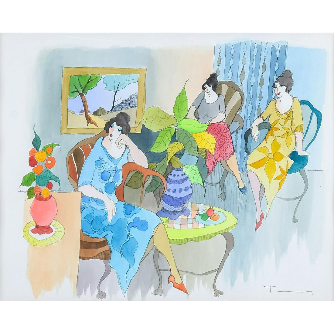 Itzchak Tarkay (1935-2012) Mixed Media on Paper,: Gold ornate frame. Signed lower right corner with pigment. Image of three women seated in the salon. Itzchak Tarkay (1935 - 2012) Israeli artist, considered to be a key figure in the modern figurative