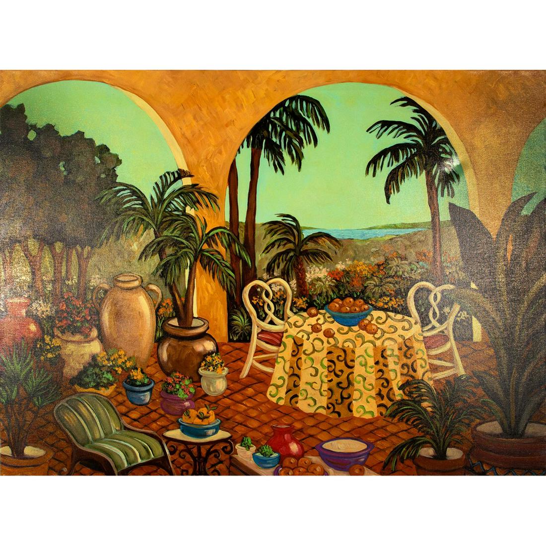 Jan Dorion Whitney, Oil on Canvas, Lanai in Spring,: Number 6 in a limited edition of 50. Tropical Caribbean scene, artist signed lower right corner. Unframed. Includes Certificate of Authenticity. Jan Dorion Whitney (b. 1955), professional fine art pai