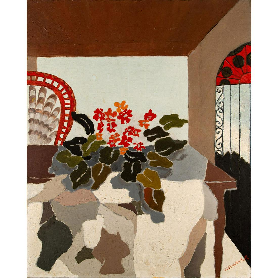 Carlos Comabella (Cuban 1942-1988) Oil on Canvas, Deja: Stretched canvas. Depicts a dining room adorned with flowers. Signed C Comabella lower right. From Comabella'sÂ 1983 Series Transformative Passages.Â Age related wear; stains. #ar