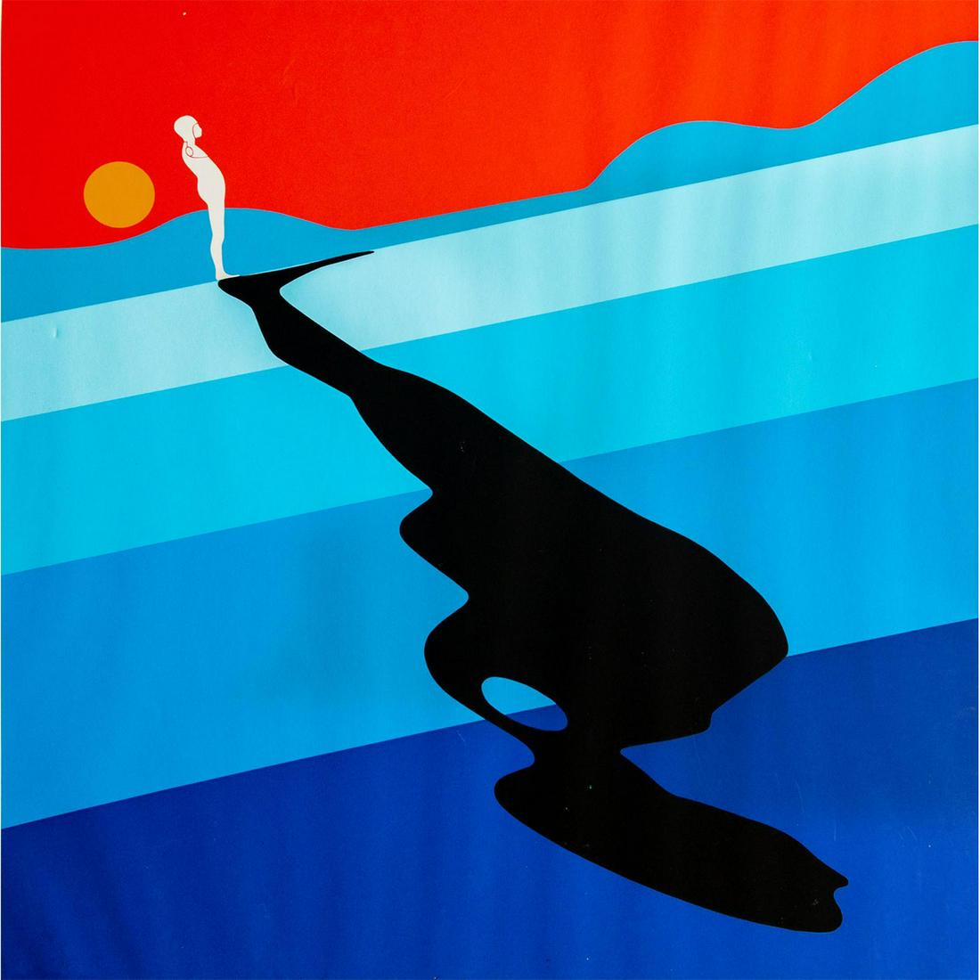 Ernest Trova (American 1927-2009) Lithograph Print,: Original silkscreen lithograph with Trova's signature shadow man figure standing against red, blue, purple and black background. #art #artprint Medium: Lithograph Artist: Ernest Trova Dimensions: 30"W