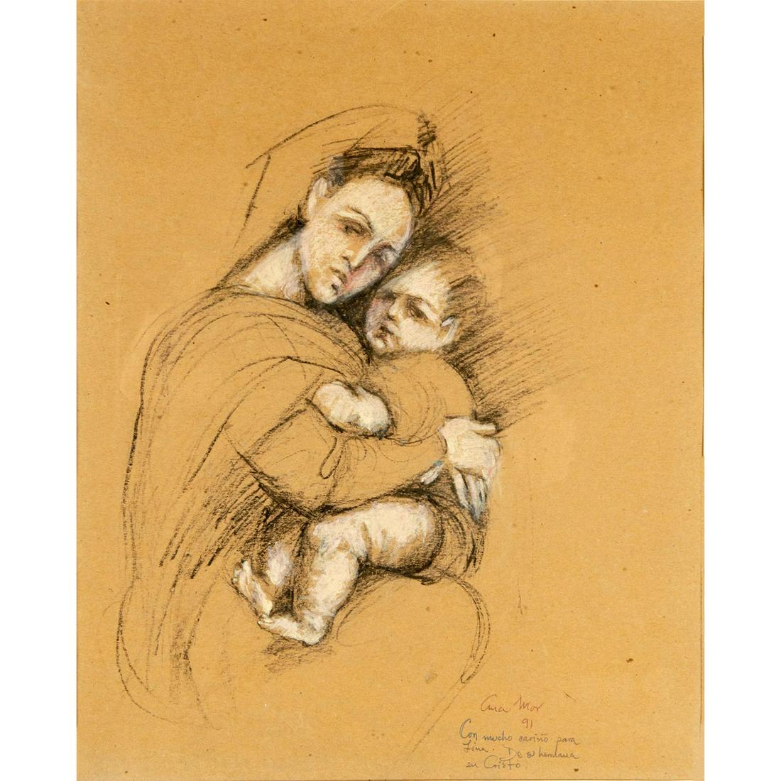Ana Mor (Cuban American b. 1957) Pastel on Paper, Madre: Depicts a mother and child embracing. Dedication in Spanish on paper. Signed and dated 91, lower right. Housed in gilded frame. Sight size: 19.5"H x 15.5"W. Frame: 25.5"H x 21.5"W. #art #charcoal Sign