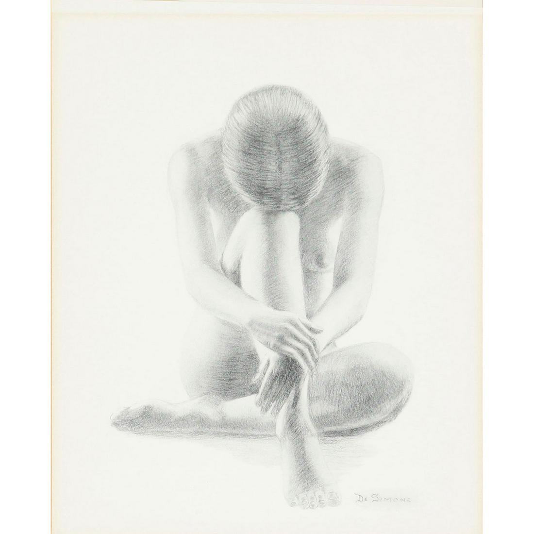 De Simone Pencil Drawing Print, Nude Woman: Matte print of a pencil drawing of a nude woman by D. Simone. SLR Medium: Digital on Print Artist: De Simone Dimensions: 9"W x 7.25"H