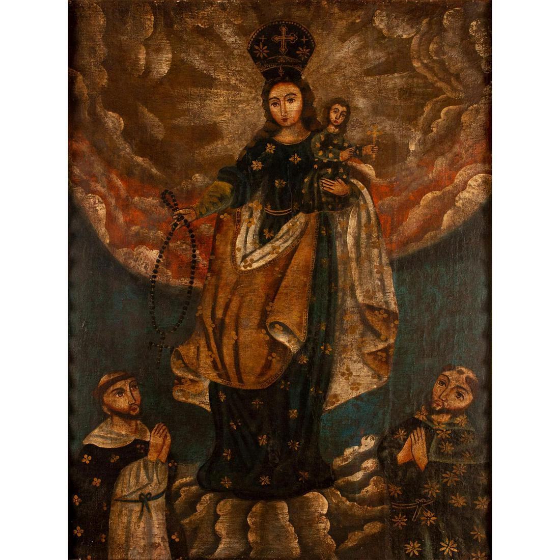 Impressive Antique Colombian Colonial oil on canvas,: Stunning piece depicts Lady of Las Lajas holding baby Jesus with St. Dominic on left and St. Francis of Assisi on right. Housed in a mirrored frame. Age related wear. Sight size: 30.75"H x 23"W. Frame